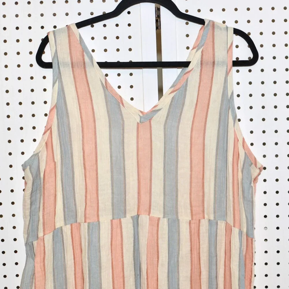 Wonderly XL Striped Peach / Blue Cotton Tiered Sleeveless Maxi Summer Sun Dress - Picture 2 of 10